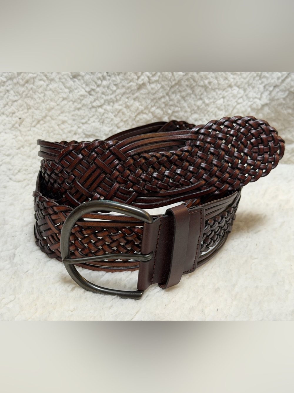 Braided Woven Brown Bonded Leather Belt w/Silver Buckle Women’s Large